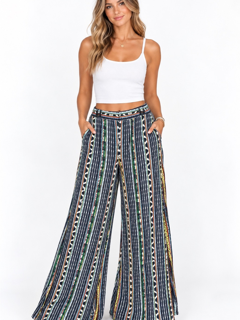 Chelsea & Violet Navy Multicolor Striped Wide-Leg Pants